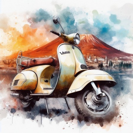 Stampa artistica Vespa vintage con vesuvio - Icona dello stile italiano"